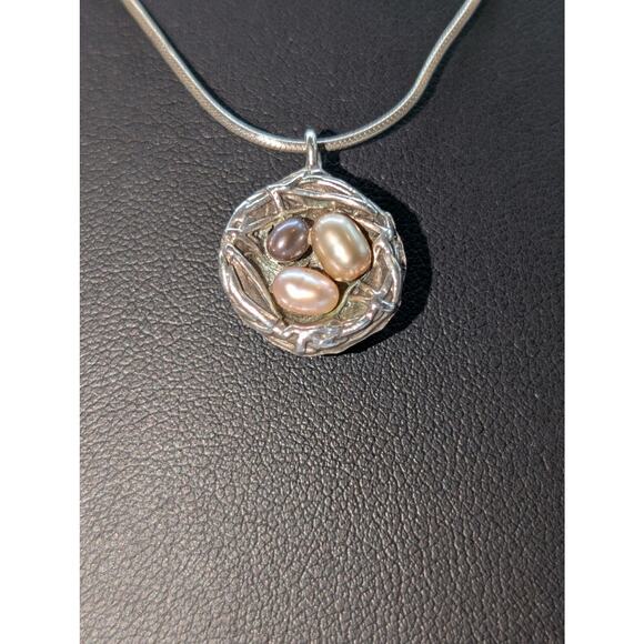 Vintage 925 Sterling Silver Bird's Next Pearl Eggs Pendant Snake Chain Necklace - Picture 3 of 9